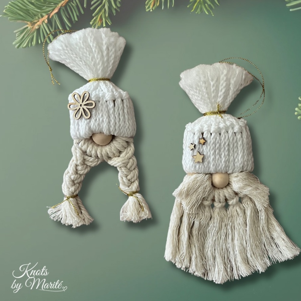 WHITE MACRAME CHRISTMAS GNOMES– NEUTRAL BOHO HOLIDAY ORNAMENTS (HANDMADE)